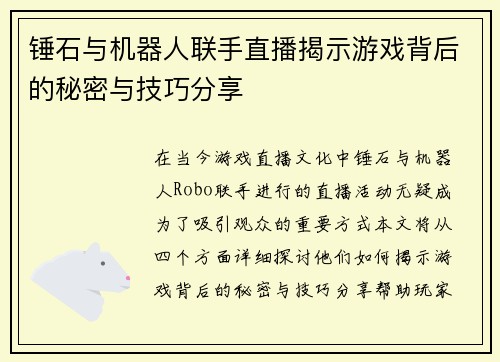 锤石与机器人联手直播揭示游戏背后的秘密与技巧分享